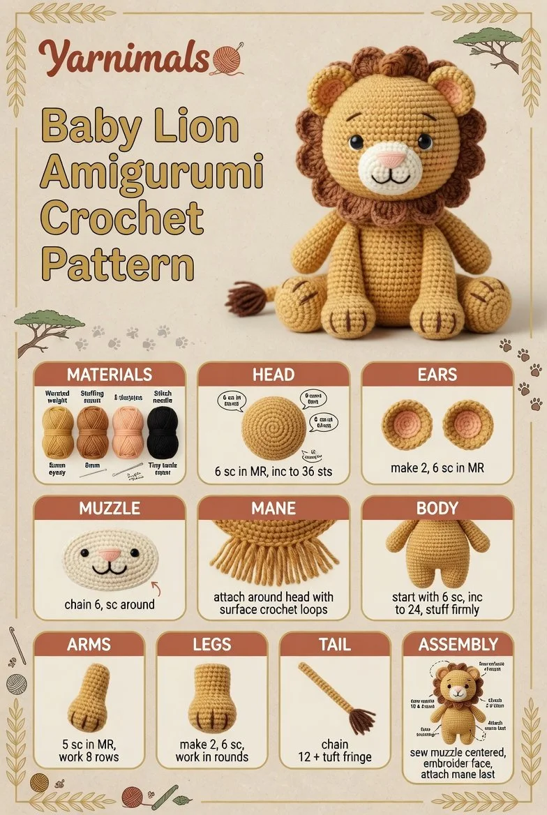 Adorable baby lion amigurumi crochet toy pattern for mini jungle
