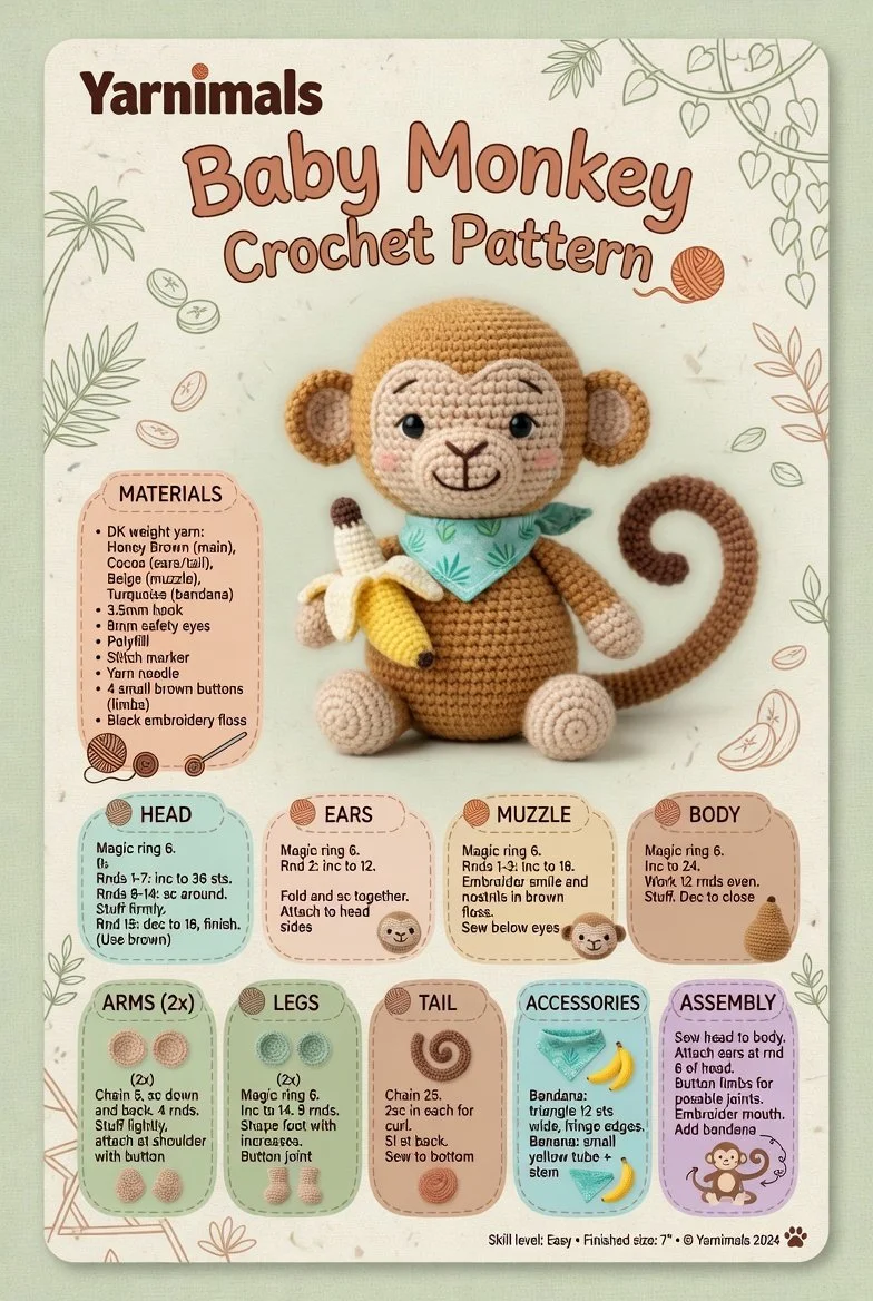 Cute baby monkey crochet amigurumi toy design pattern.