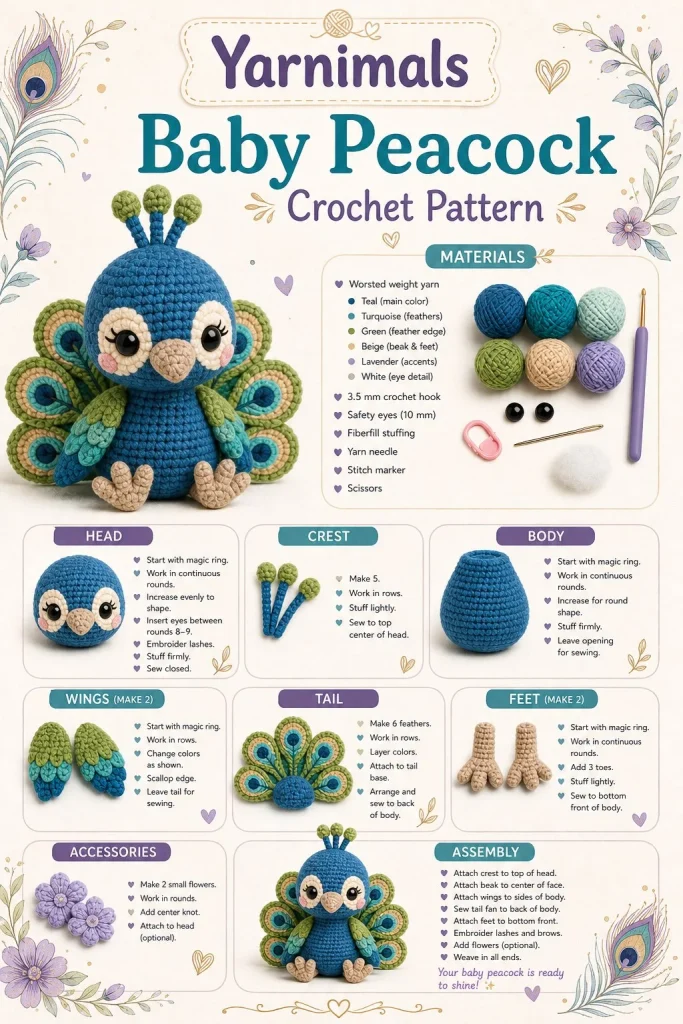 Baby Peacock Crochet Pattern - Elegant bird toy crochet design