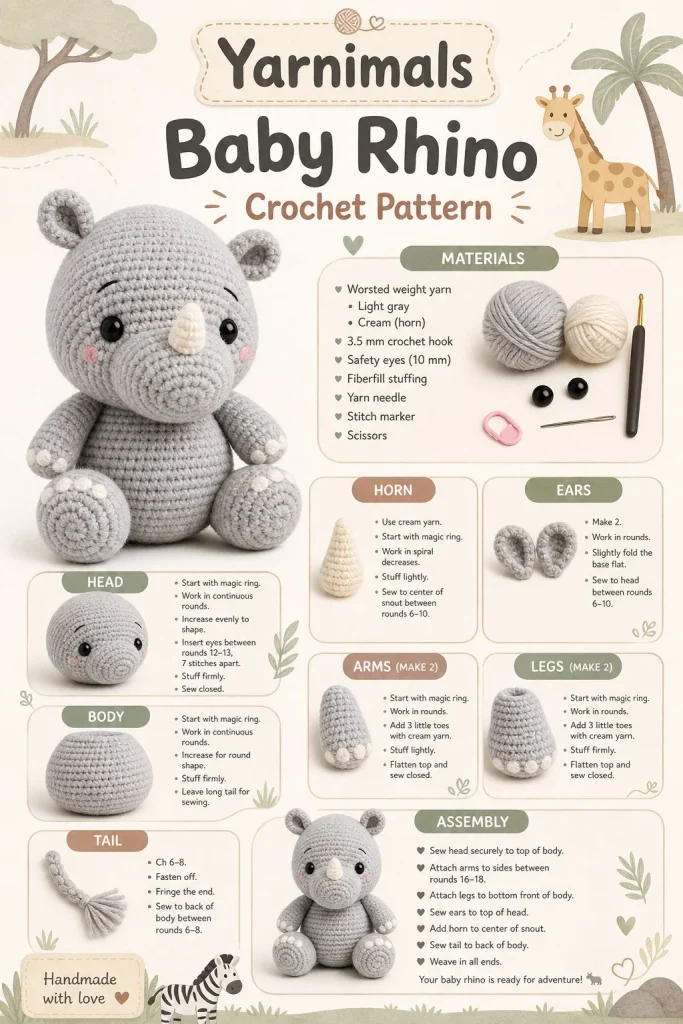 Crocheted baby rhino amigurumi pattern for unique animal lovers