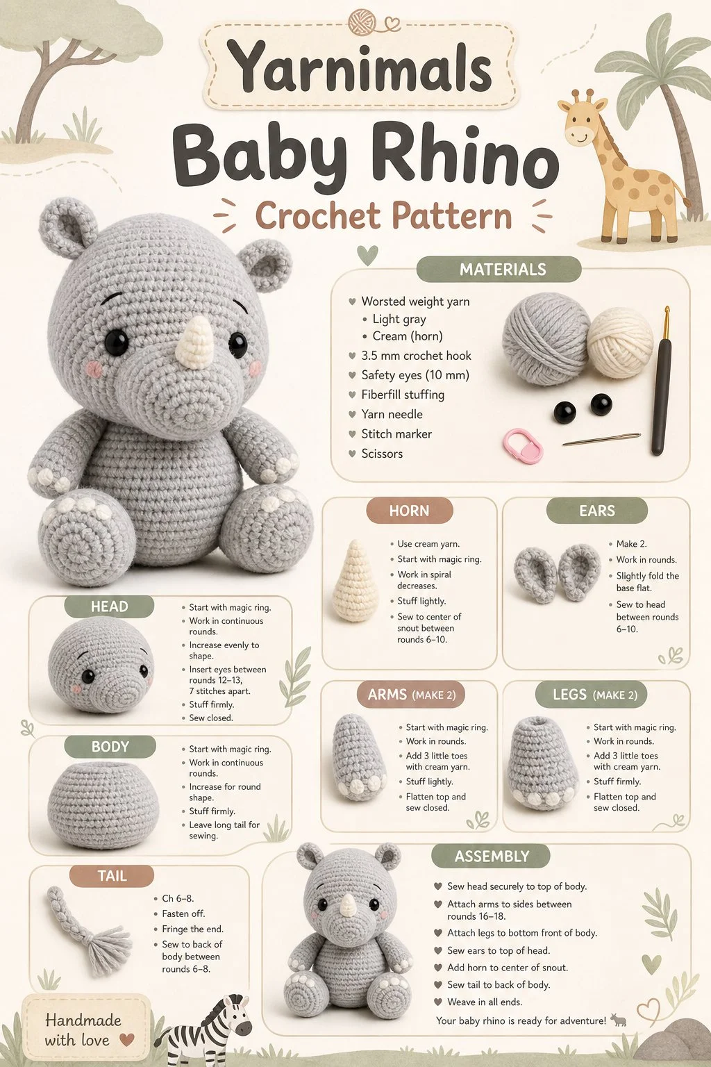 Crocheted baby rhino amigurumi pattern for unique animal lovers