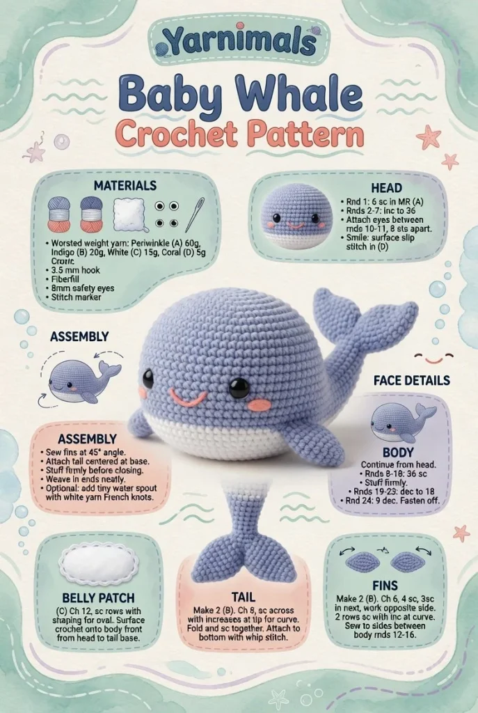 Cute baby whale crochet amigurumi plush pattern for easy crafting