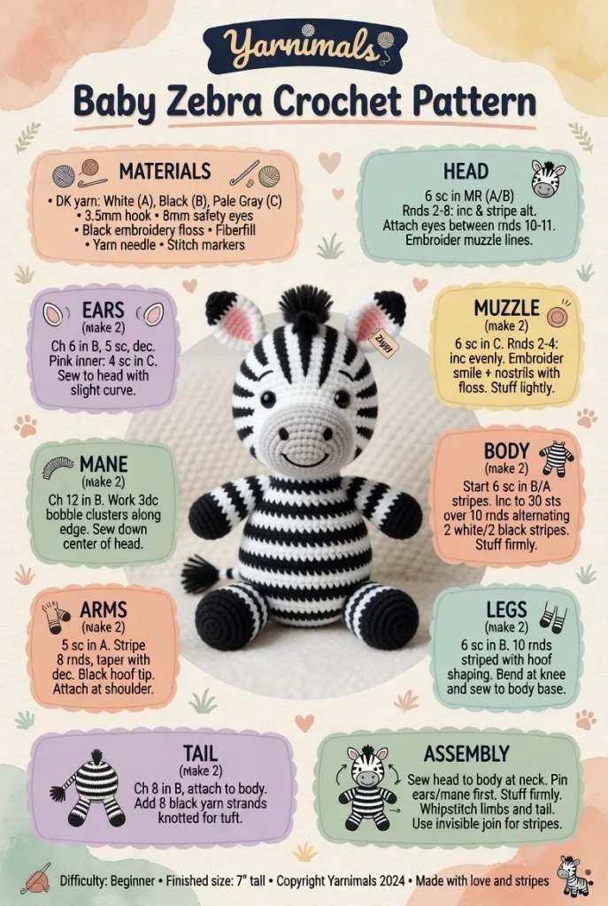 Cute zebra crochet amigurumi toy for babies in striped design