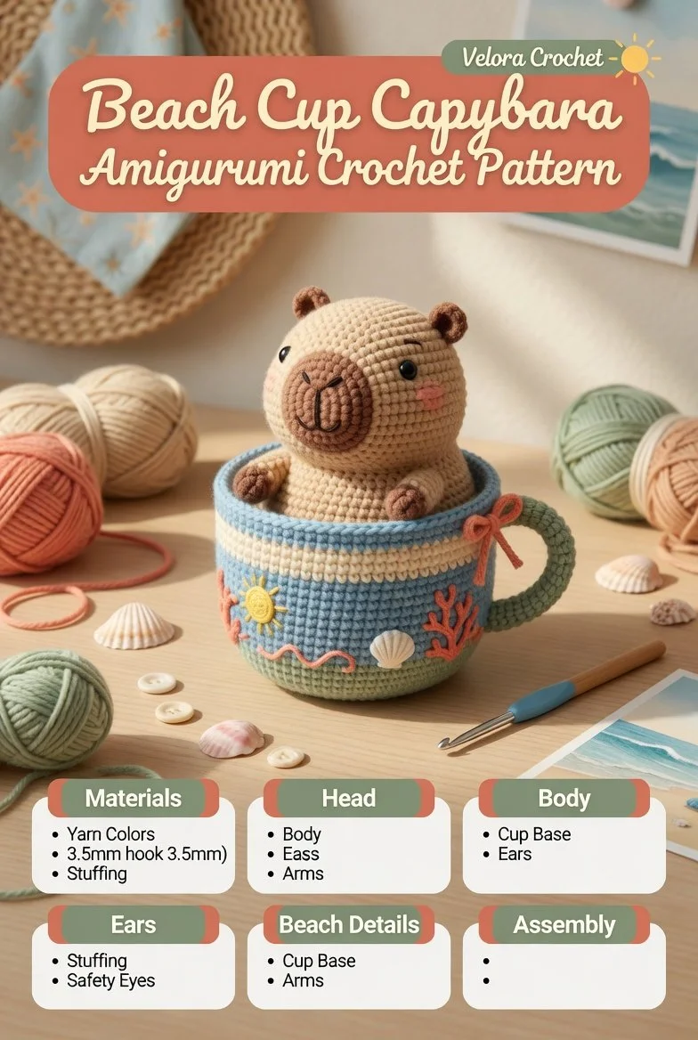 Crocheted capybara amigurumi in a beach cup, showcasing a cute design.