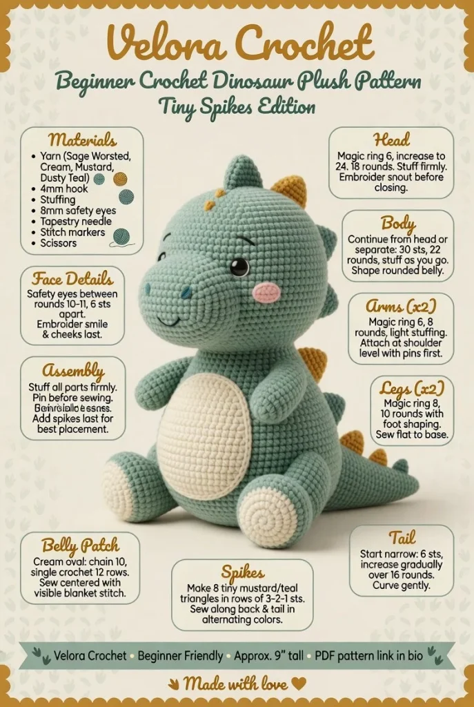 Beginner crochet dinosaur plush pattern showcasing tiny spikes