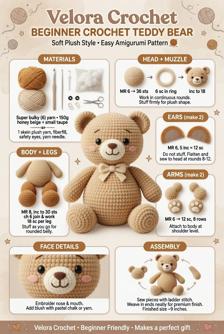 Beginner crochet teddy bear pattern in soft plush style