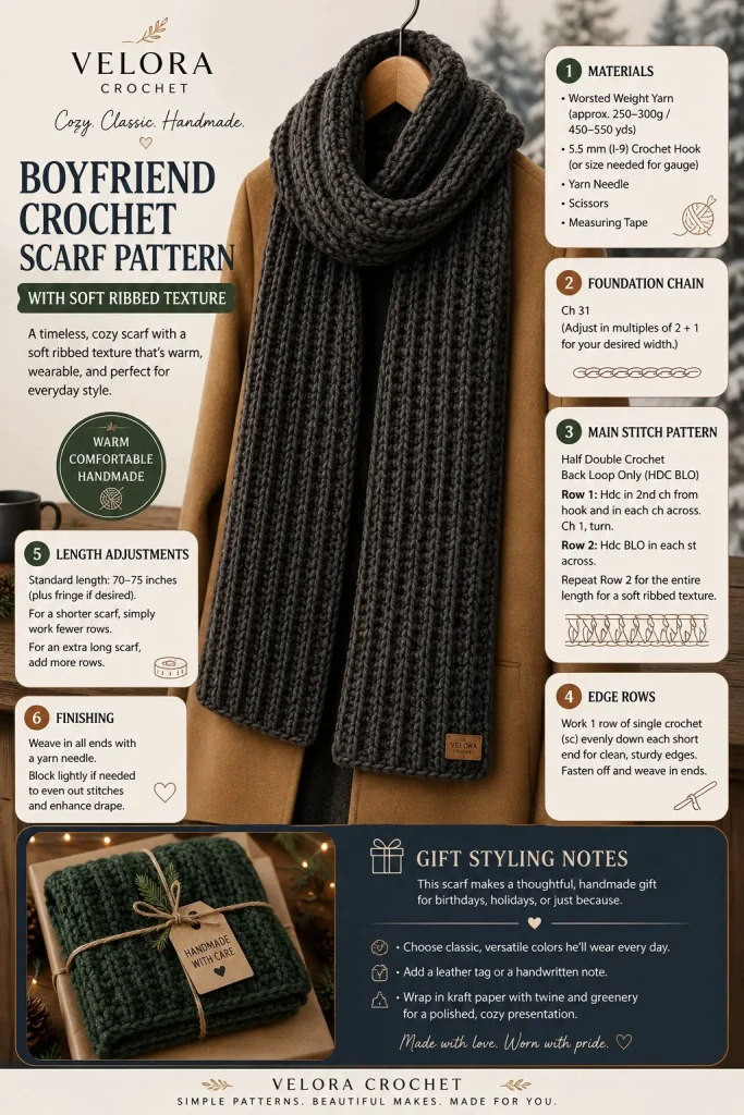 Beginner-friendly crochet scarf pattern with soft ribbed texture