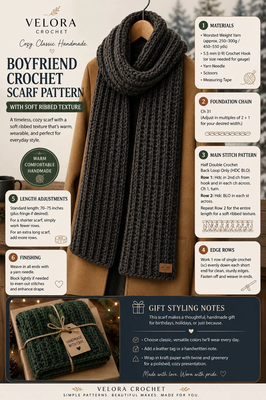 Beginner-friendly crochet scarf pattern with soft ribbed texture