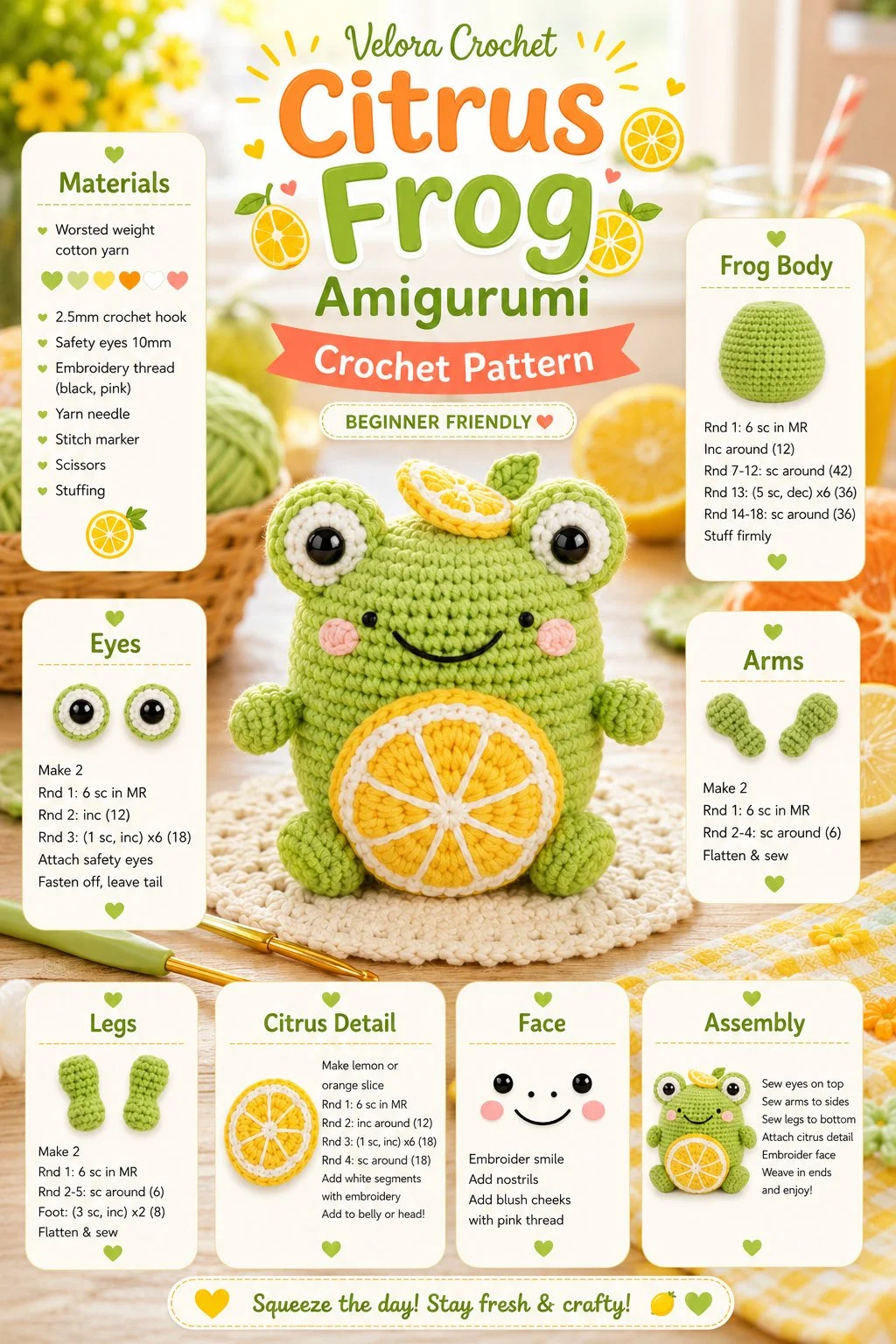 Beginner-friendly citrus frog amigurumi crochet pattern
