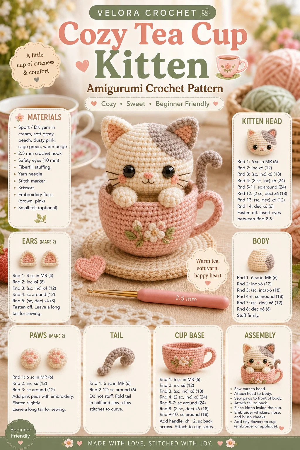 Beginner-friendly crochet cozy tea cup kitten amigurumi pattern