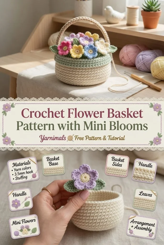 Beginner-friendly crochet flower basket pattern with mini blooms