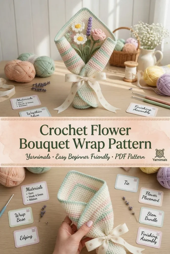 Colorful crochet flower bouquet wrapped in a decorative pattern.