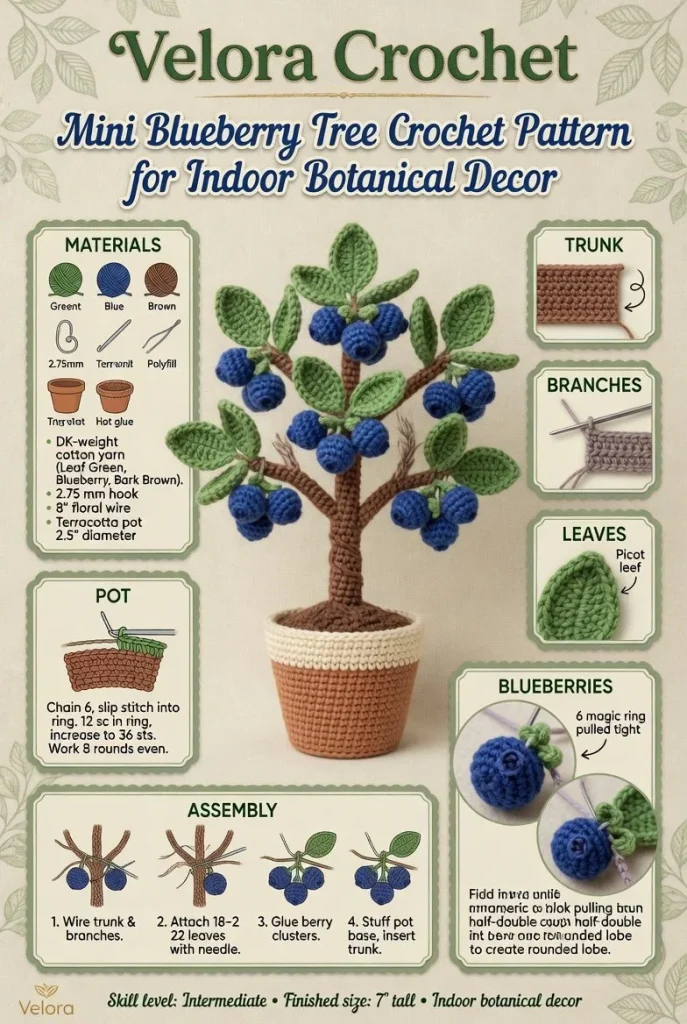 Beginner-friendly crochet pattern for a mini blueberry tree indoor decor