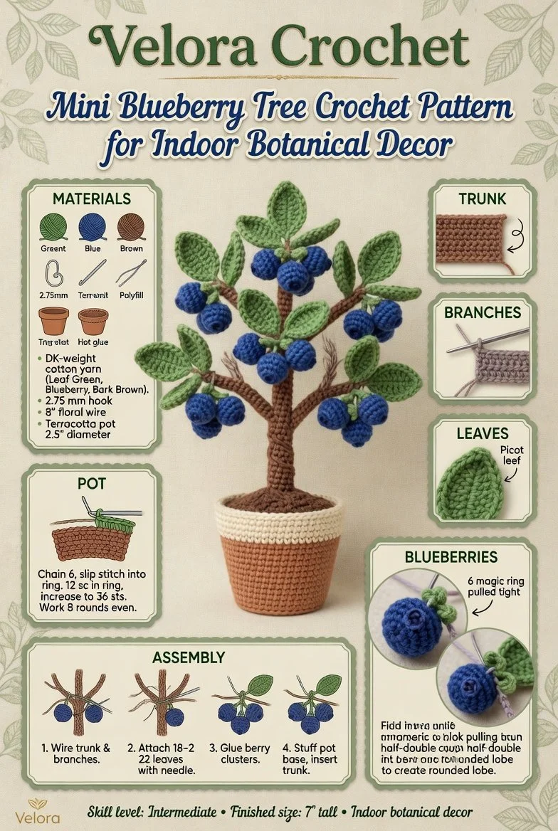 Beginner-friendly crochet pattern for a mini blueberry tree indoor decor