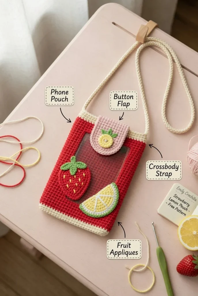 Crochet phone case pattern in Strawberry Lemonade with shoulder strap for beginners