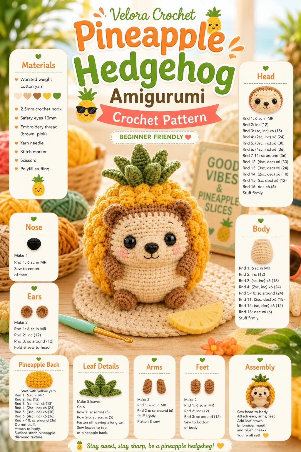 Beginner-friendly pineapple hedgehog amigurumi crochet pattern example