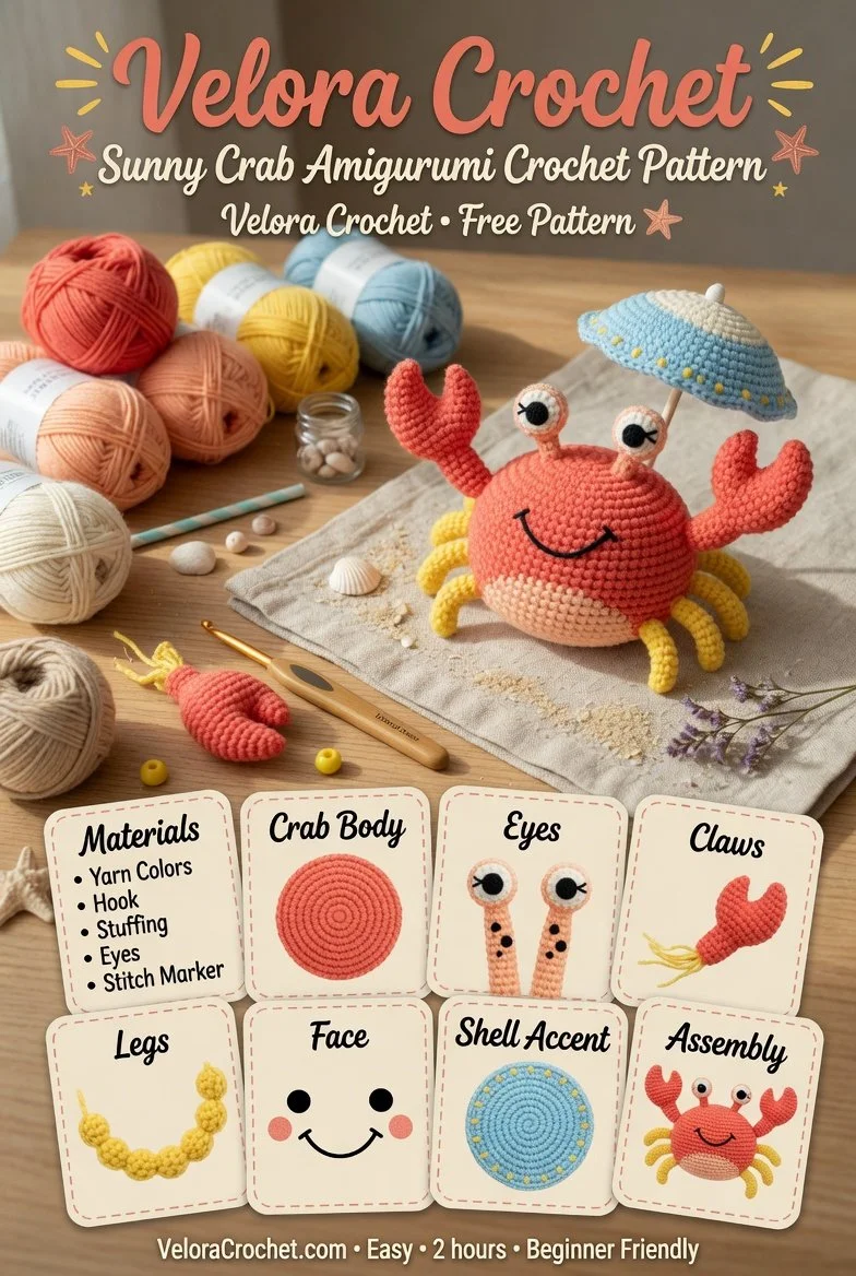 Beginner-friendly sunny crab amigurumi crochet pattern on display