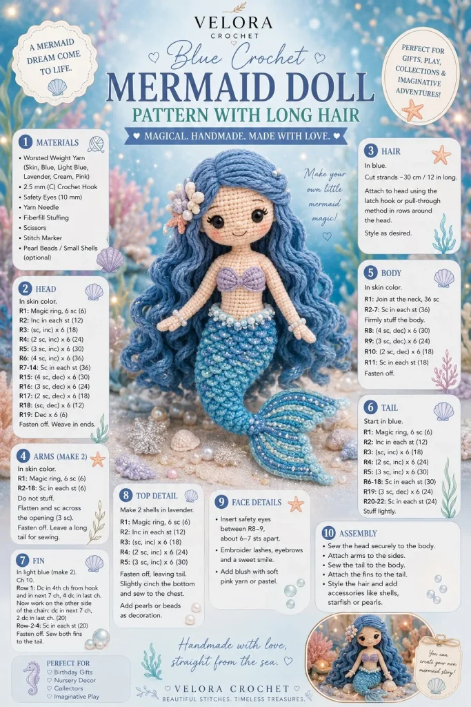 Blue crochet mermaid doll pattern with long hair for crafting enthusiasts