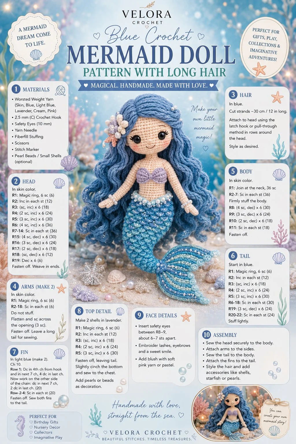Blue crochet mermaid doll pattern with long hair for crafting enthusiasts