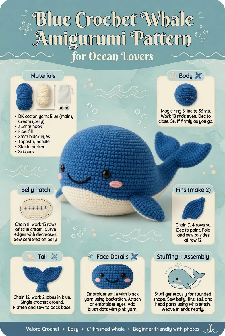 Blue crochet whale amigurumi pattern for ocean lovers
