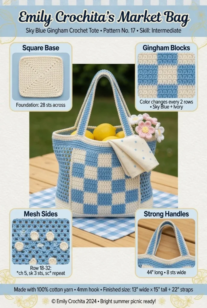 Blue gingham crochet market bag pattern for stylish summer picnics.