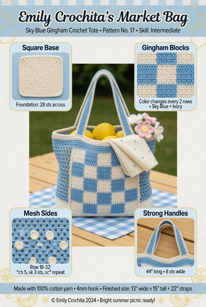 Blue gingham crochet market bag pattern for stylish summer picnics.