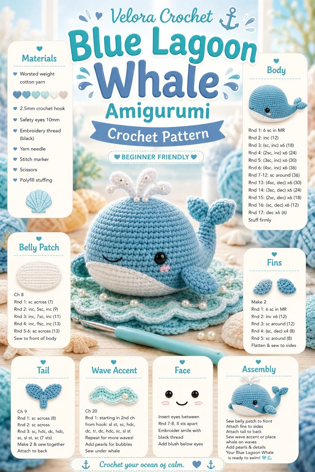 Crochet pattern for Blue Lagoon Whale Amigurumi doll