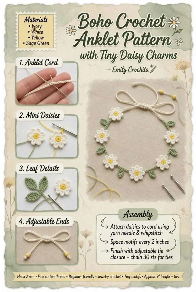 Boho crochet anklet pattern adorned with tiny daisy charms