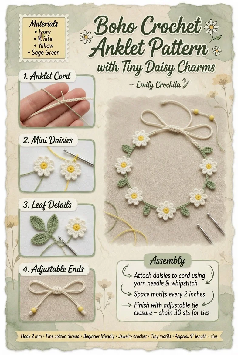 Boho crochet anklet pattern adorned with tiny daisy charms