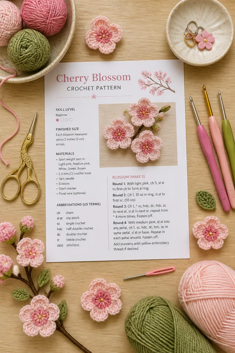 Crochet Cherry Blossom Free Pattern for Spring Decor