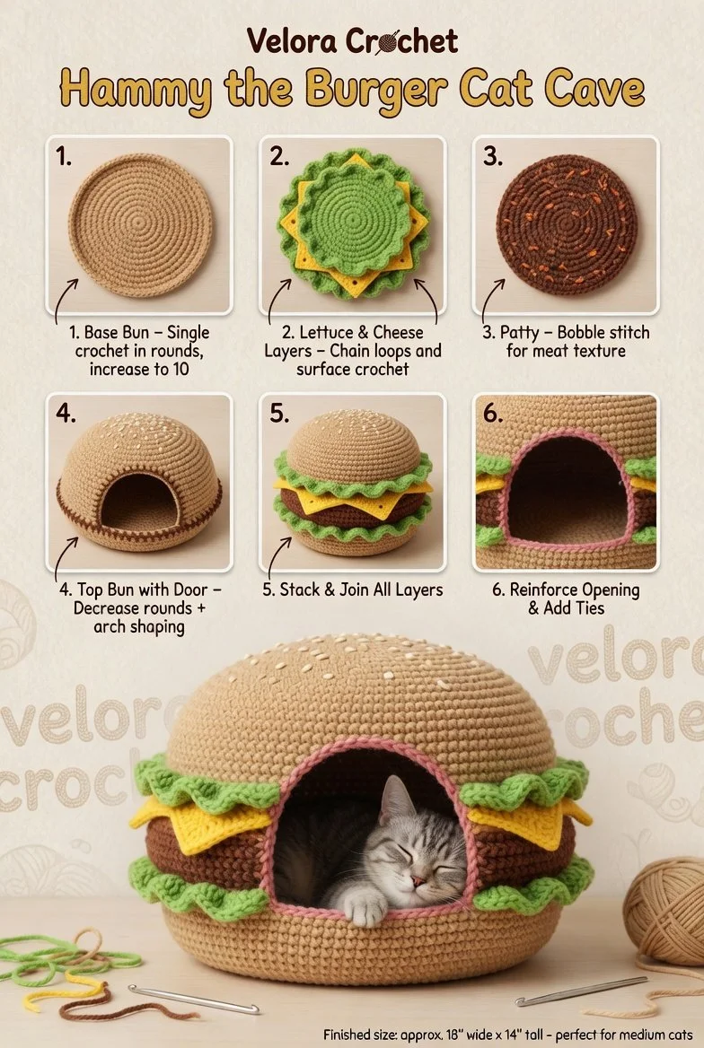 Burger Cat Cave crochet pattern for a cozy pet hideout