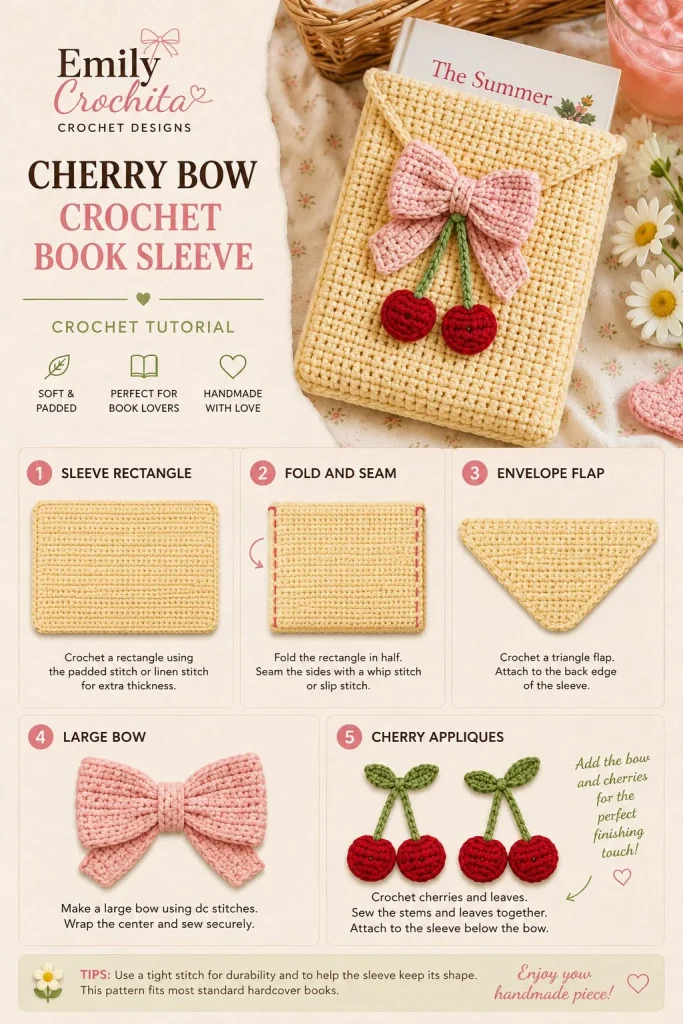 Cherry Bow crochet book sleeve pattern for stylish summer reading bags