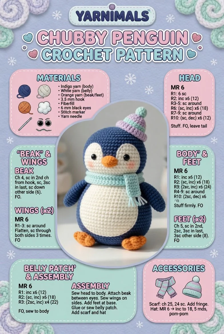 Chubby Penguin crochet pattern for easy winter amigurumi toy