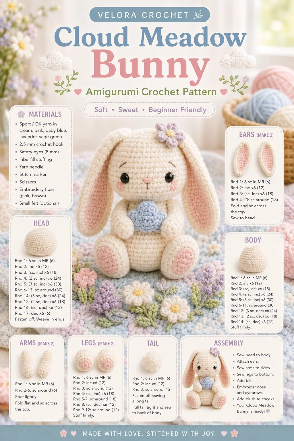 Cloud Meadow Bunny Amigurumi crochet pattern showcasing a cute bunny design.