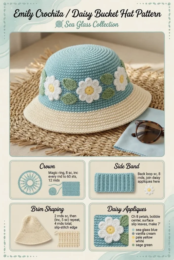 Coastal Daisy Crochet Bucket Hat pattern for summer outfits