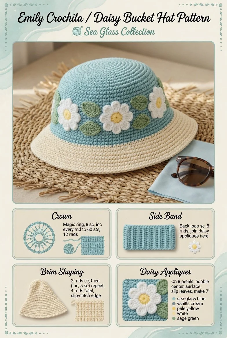 Coastal Daisy Crochet Bucket Hat pattern for summer outfits