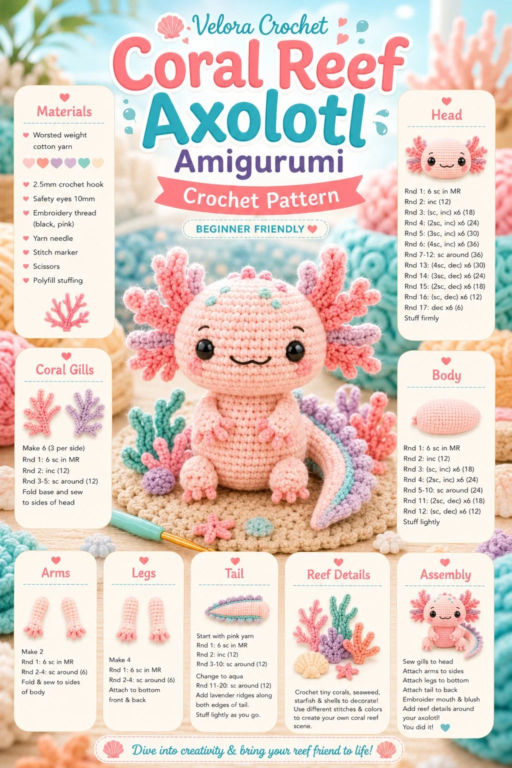Crochet pattern for cute Coral Reef Axolotl amigurumi creation.