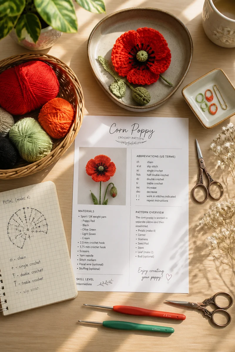 Crochet Poppy Flower Free Pattern Step by Step