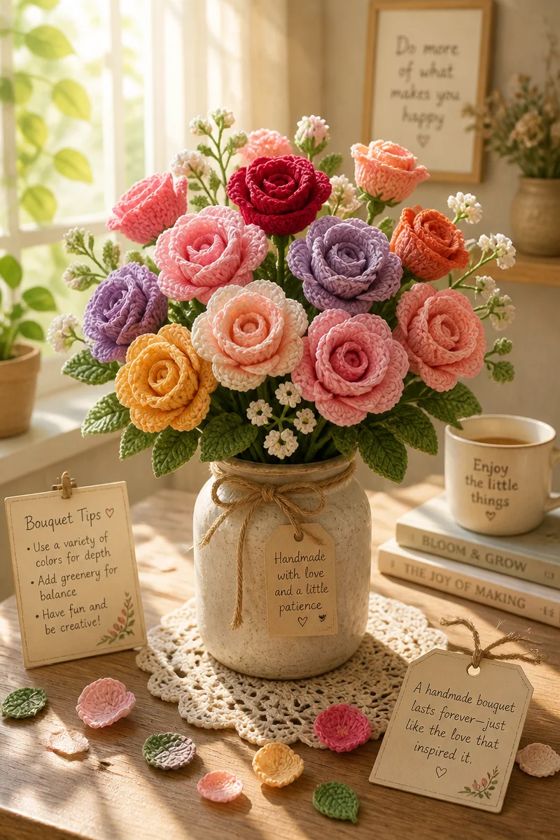 Simple Crochet Rose Free Pattern for a Flower Bouquet