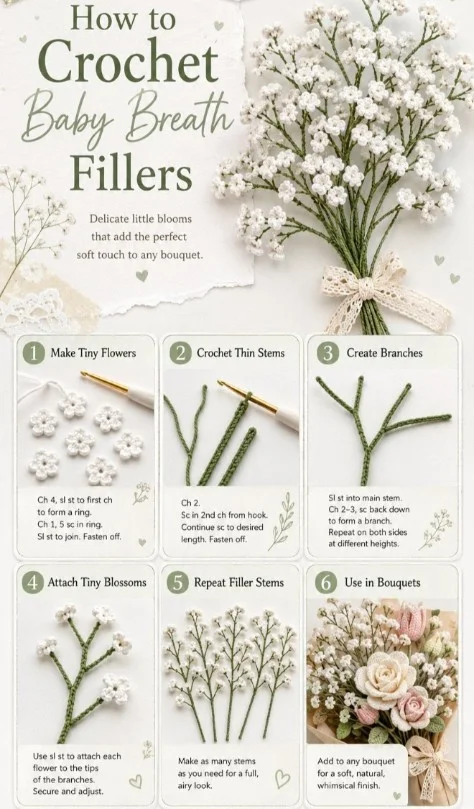 Crochet Baby Breath flower pattern for bouquet fillers