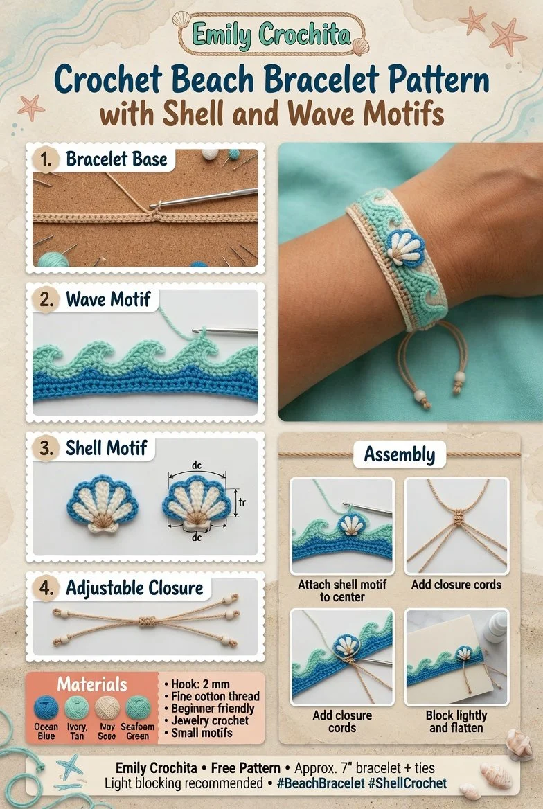 Crochet Beach Bracelet pattern with shell and wave designs