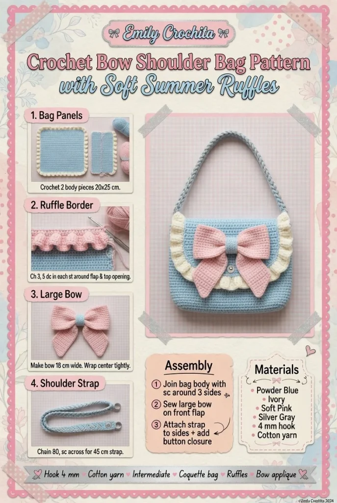 Crochet bow shoulder bag pattern with soft summer ruffles