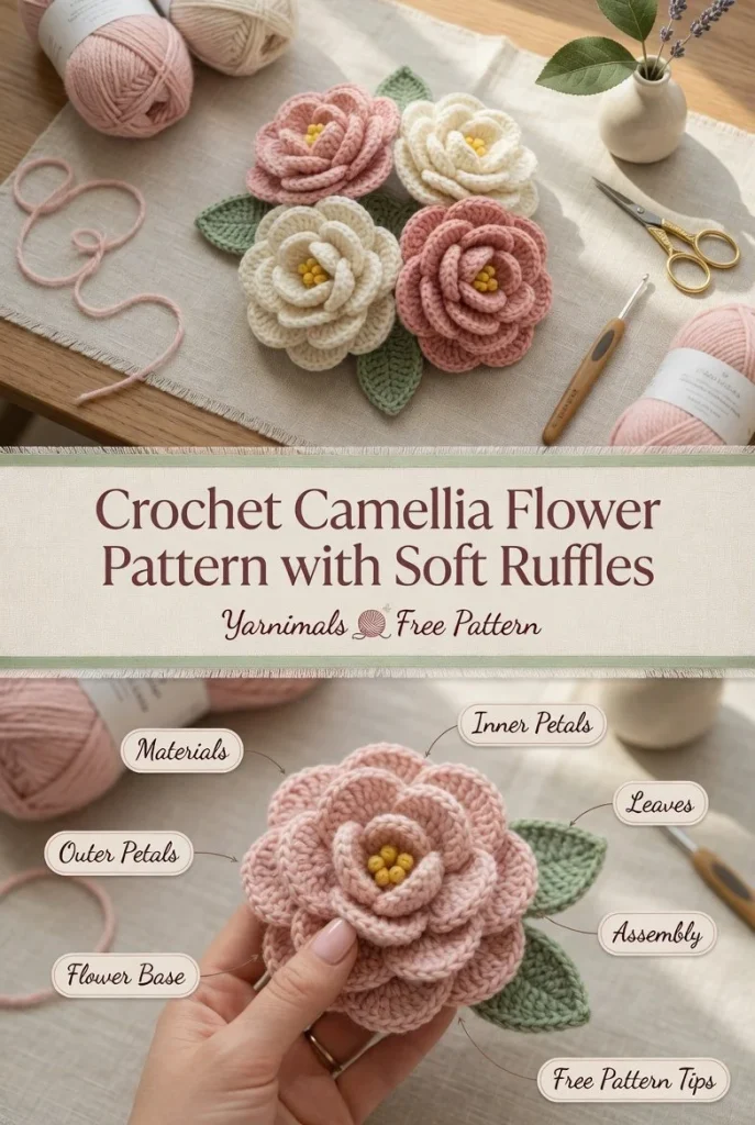 Crochet camellia flower pattern featuring soft ruffles and intricate design.