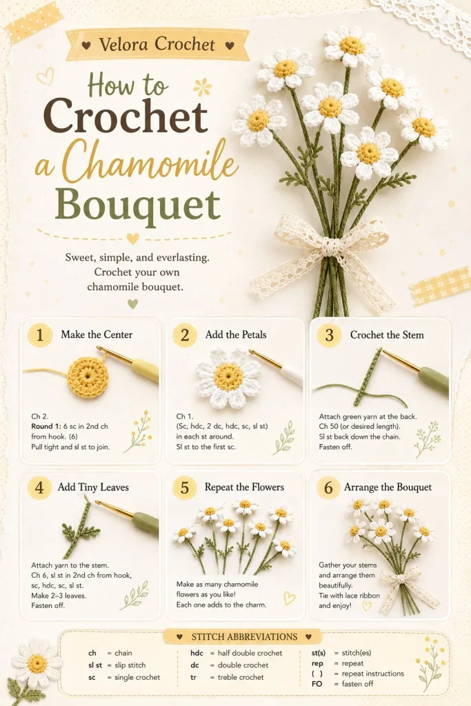 Crochet chamomile bouquet pattern showcasing soft, minimal style flowers.