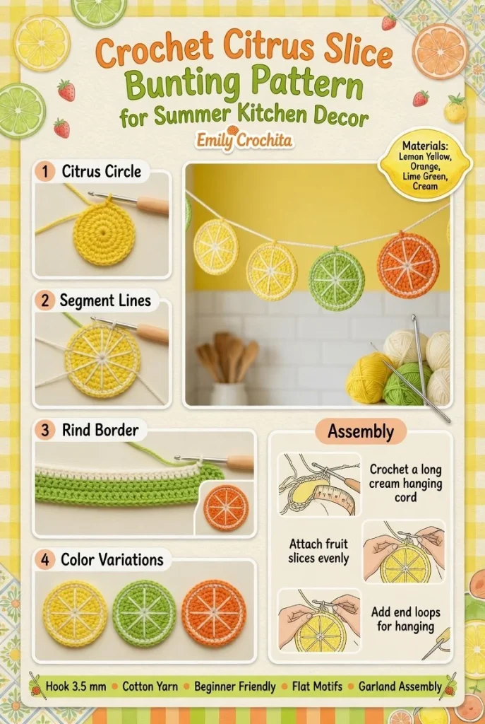 Crochet citrus slice bunting for summer kitchen decor
