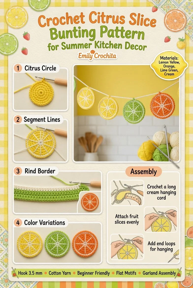 Crochet citrus slice bunting for summer kitchen decor