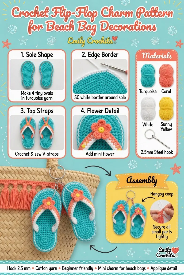 Crochet Flip-Flop Charm for beach bag decoration pattern