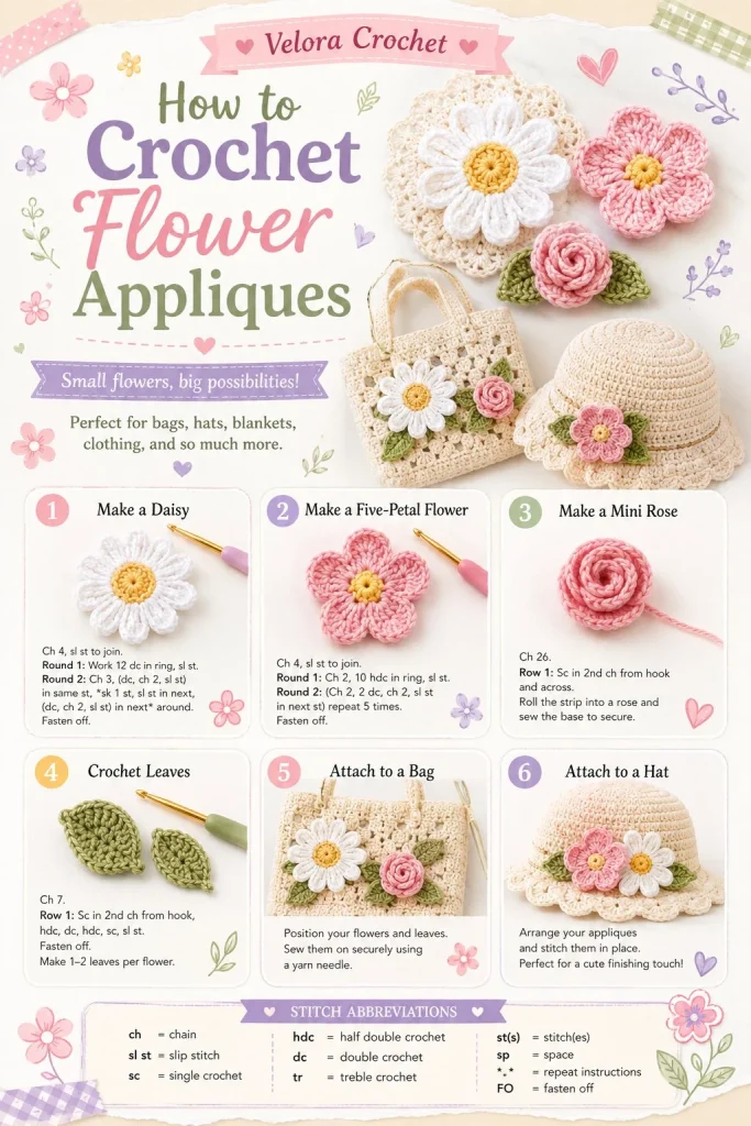 Crochet flower applique free pattern for bags and hats