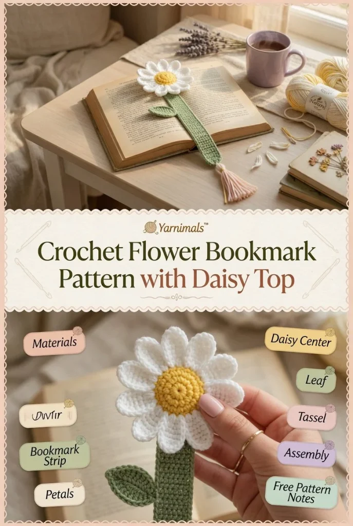 Crochet flower bookmark design featuring a daisy on top.