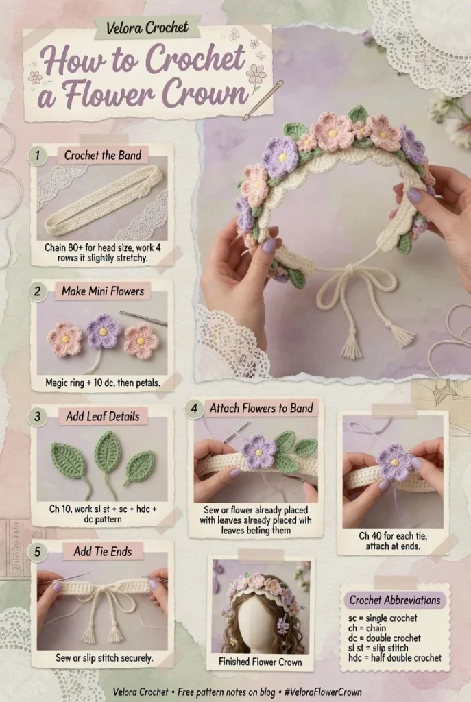 Handmade crochet flower crown pattern for summer festival outfits